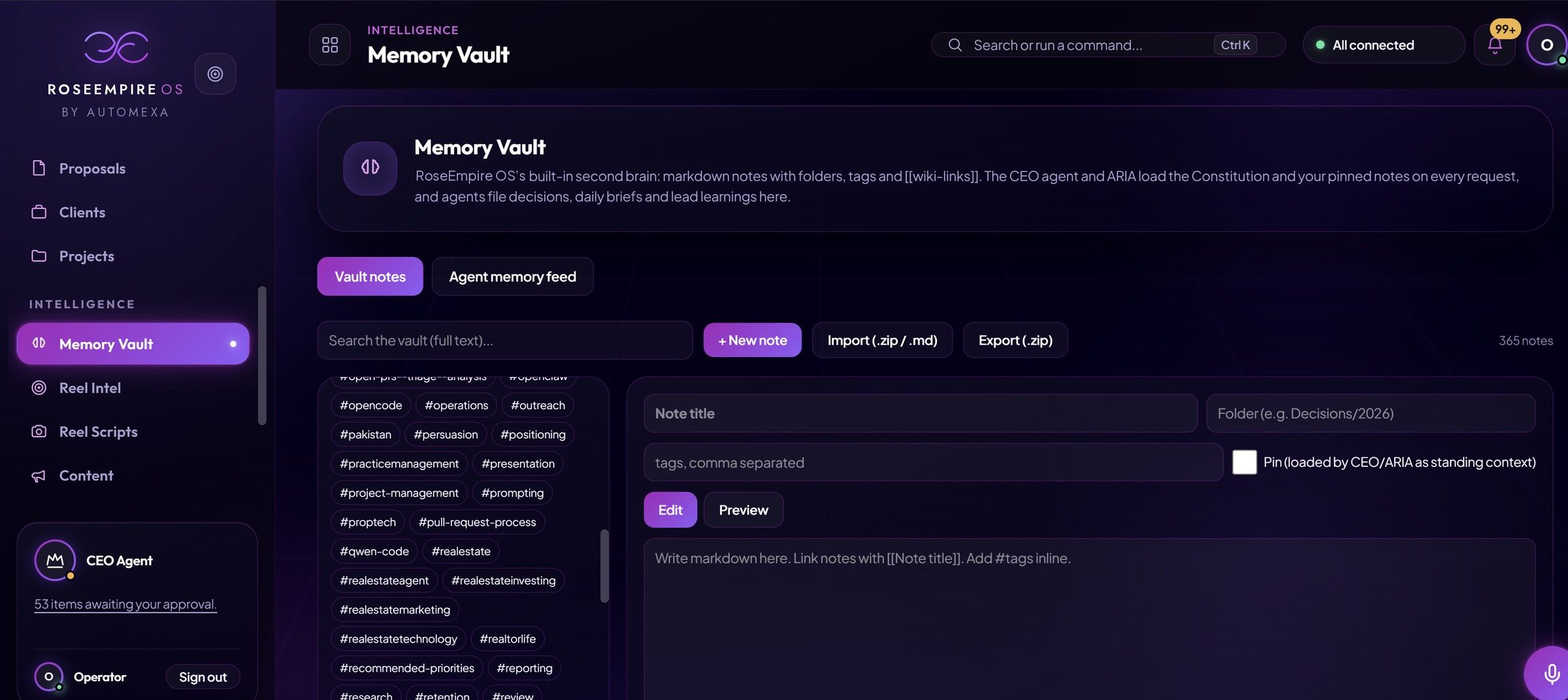 RoseEmpire OS Memory Vault page with tagged notes and a markdown note editor